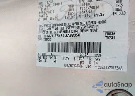 2004 Ford Explorer Sport Trac Adrenalin/Xls/Xlt z USA, uszkodzony, nr VIN 1FMZU77K64UA98358